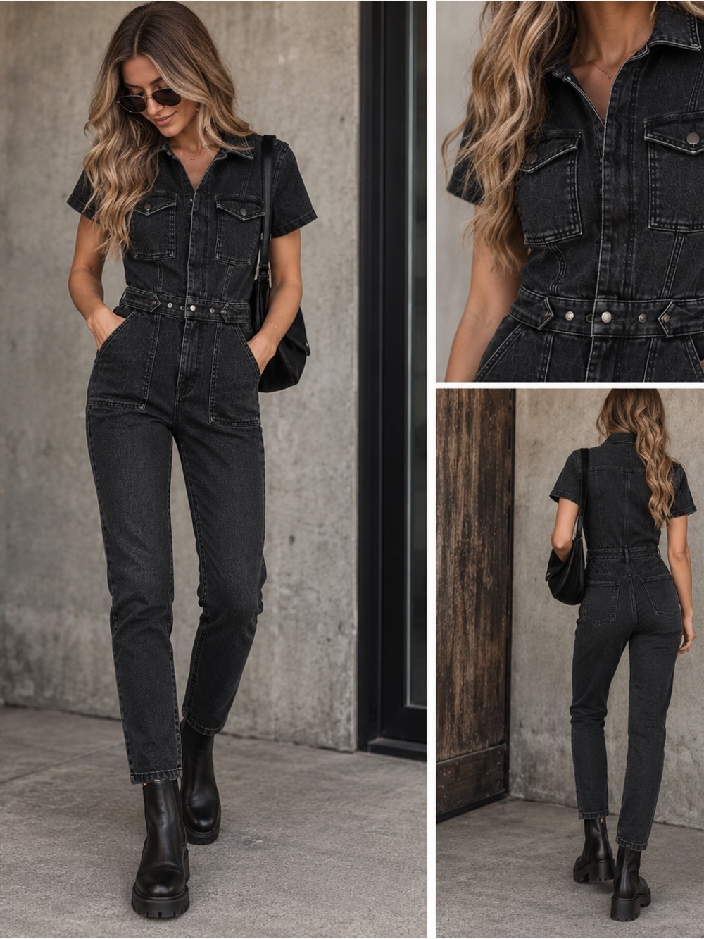 Good American Black Short-Sleeve Denim Utility Jumpsuit NWT Size Small $155 MSRP - Picture 2 of 3